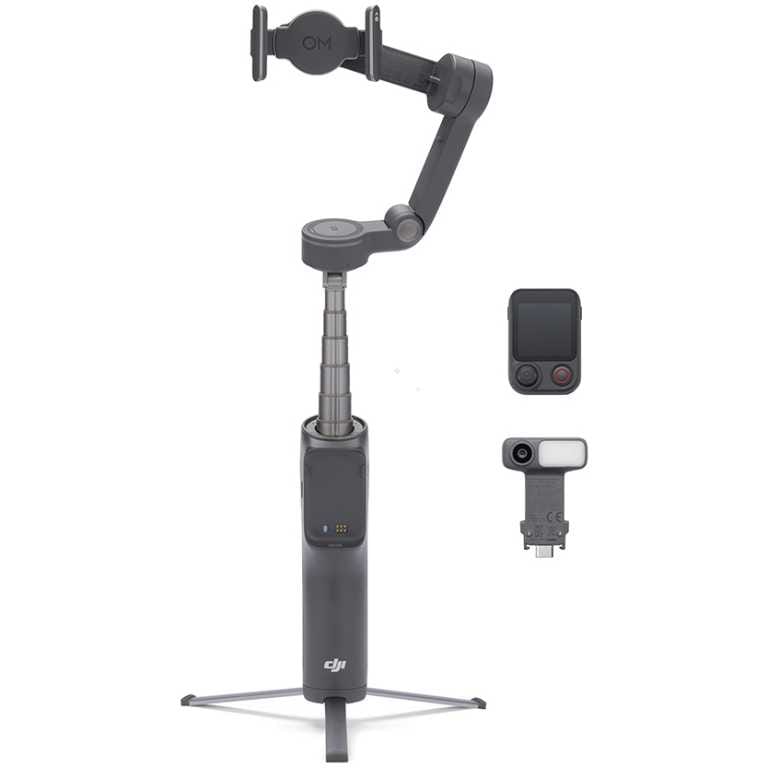 DJI handheld gimbal with adjustable arm and tripod base, plus modular accessories for action cams at right side