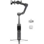 DJI handheld smartphone gimbal with extendable arm and tripod base for steady video Capture, plus two small accessories beside it