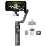 DJI handheld gimbal with smartphone mounted and accessories (microphone, cases, and adapter) displayed alongside the device.