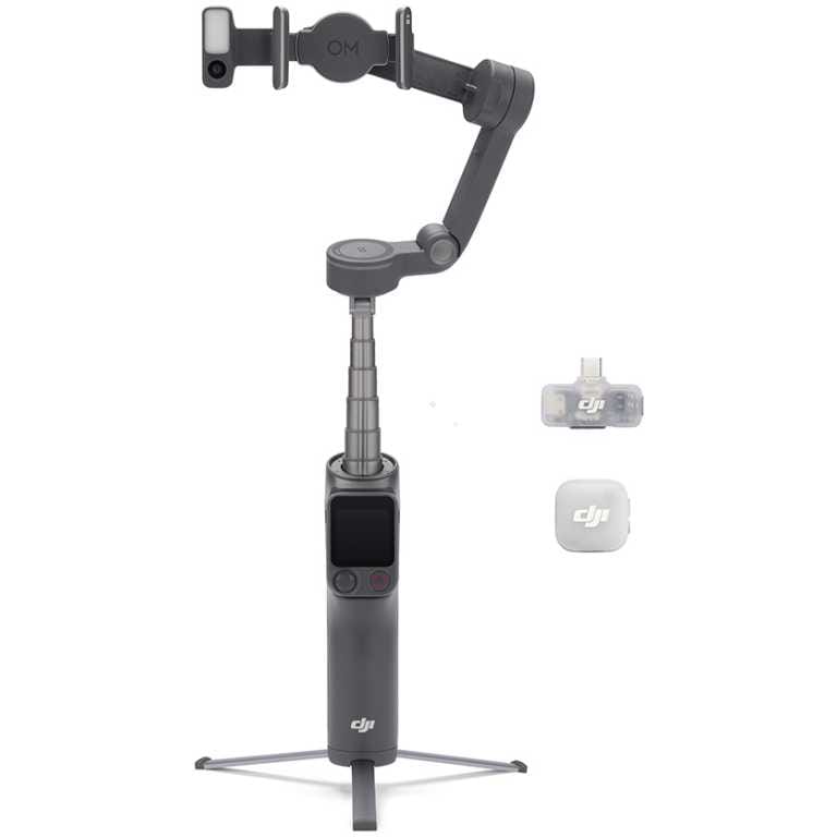DJI handheld smartphone gimbal with extendable arm and tripod base for steady video Capture, plus two small accessories beside it