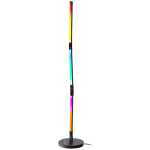 Tall black floor lamp with rainbow LED strips along the stem and a round base, cord visible for ambient lighting.