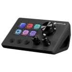 Black MIDI controller with eight colorful pads, a large jog/volume wheel, and several knobs on a slanted black body.