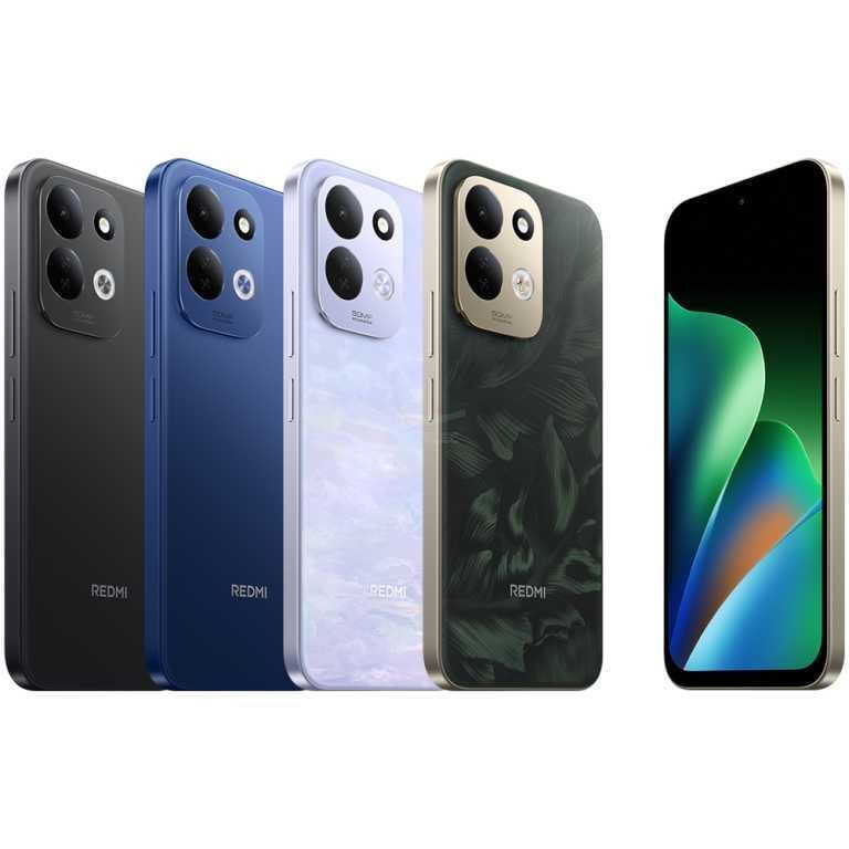 Row of five Redmi smartphones in black, blue, white, green, and gold finishes, shown from the rear; a front screen is visible on the right.