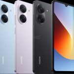 Four Redmi smartphones in blue, lavender, and black, plus a front phone showing a colorful wallpaper; prominent dual/triple camera modules on the backs.
