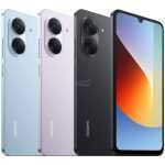 Four Redmi smartphones in blue, lavender, and black, plus a front phone showing a colorful wallpaper; prominent dual/triple camera modules on the backs.