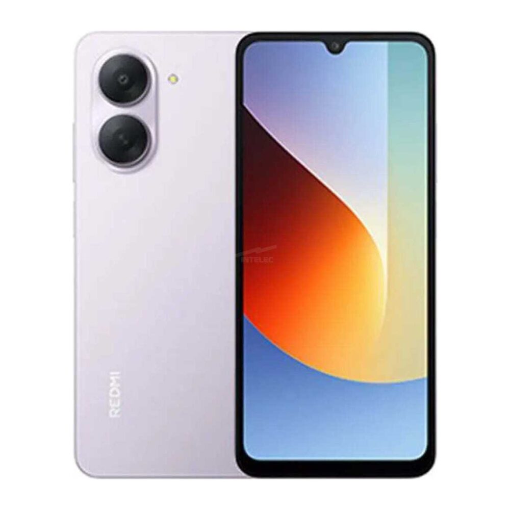 Front and back views of a white Redmi smartphone: dual rear cameras stacked vertically with a small flash, and a large edge-to-edge display with a notch at the top.
