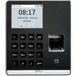 Attendance terminal with numeric keypad and fingerprint scanner; screen shows 08:17, 2025-01-01 Wednesday, Welcome.