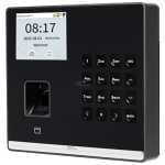 Black biometric time attendance terminal with a color display, keypad, and fingerprint scanner.