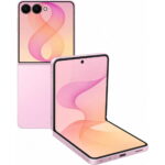 Pink foldable smartphone photographed open and closed, showing the large inner screen and dual rear cameras.