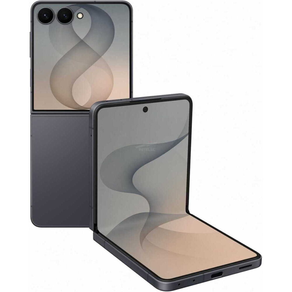 Foldable smartphone shown open and closed, highlighting a dual-camera module on the back and a large inner display when opened.