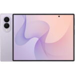 Foldable smartphone with two vertical rear cameras on the left and a large pastel gradient display on the main panel.