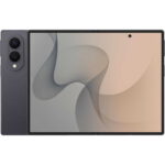 Foldable tablet shown from front, with a large screen and a vertical back camera module on the left, including a flash.