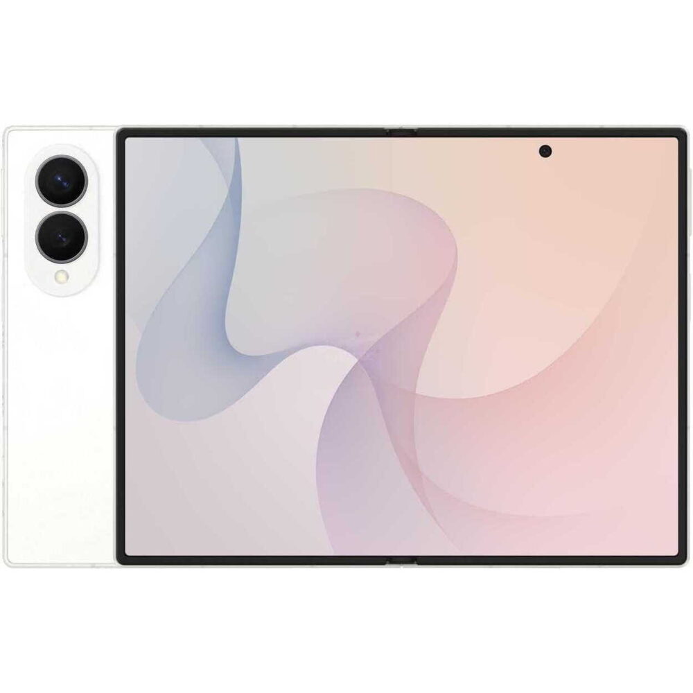 White tablet viewed from the front with pastel abstract wallpaper; a dual-camera module sits on the left edge.