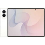 White tablet viewed from the front with pastel abstract wallpaper; a dual-camera module sits on the left edge.