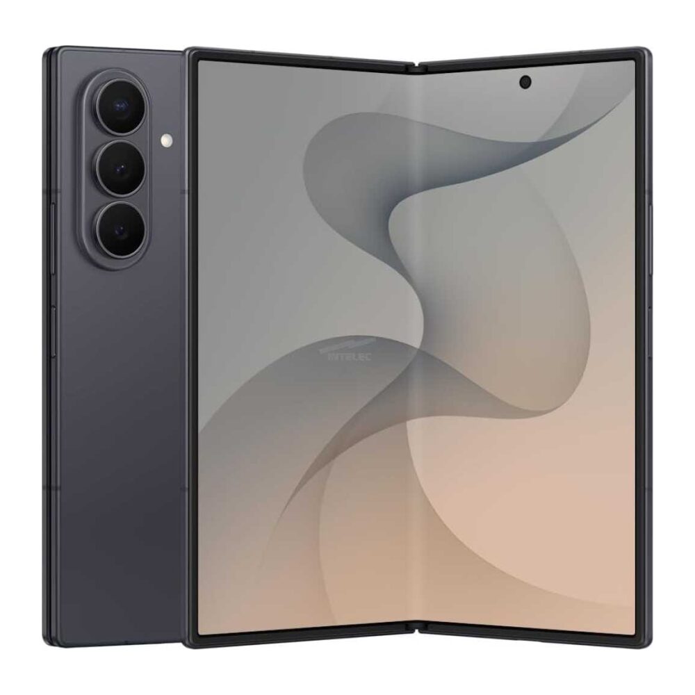 Foldable smartphone open to reveal a large edge-to-edge display with a triple-camera module on the back and a dark body.