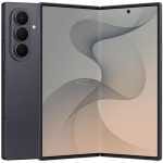 Foldable smartphone open to reveal a large edge-to-edge display with a triple-camera module on the back and a dark body.