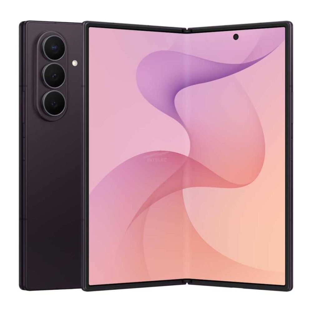 Foldable smartphone with a purple back and triple-camera array on the left, opened to reveal a large pink gradient screen.