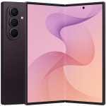 Foldable smartphone with a purple back and triple-camera array on the left, opened to reveal a large pink gradient screen.
