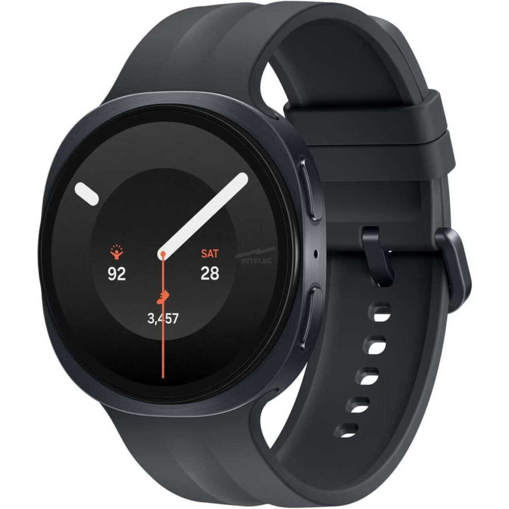 Round, dark smartwatch with a silicone strap; the display shows time, heart rate 92 bpm, date Saturday the 28th, and 3,457 steps for a fitness-tracking product image