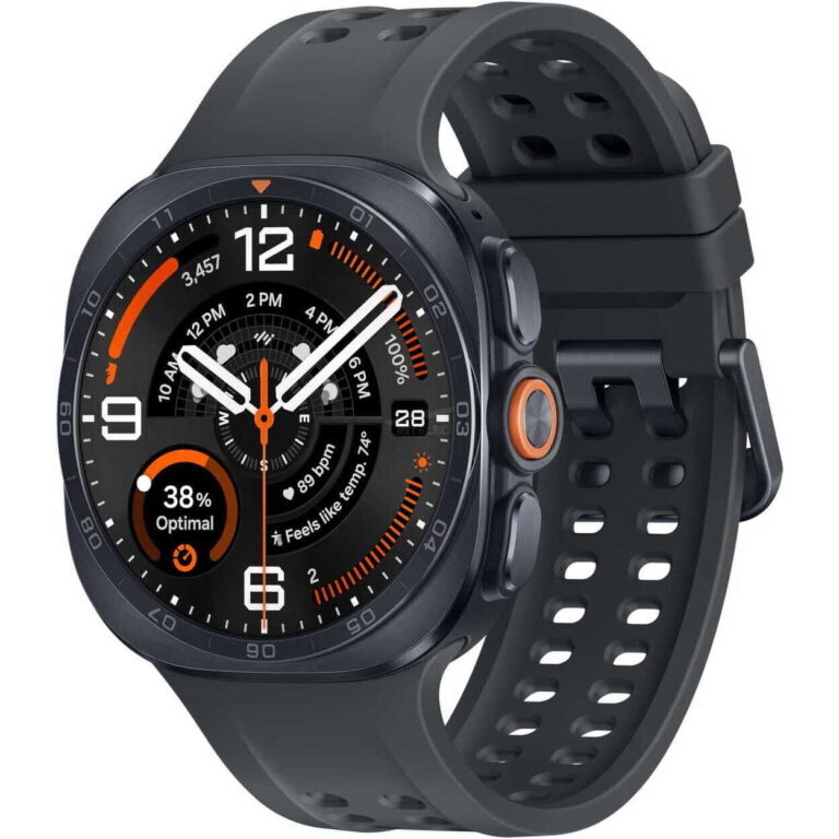 Black smartwatch with orange accents and a perforated dark strap; round display shows multiple dials and data