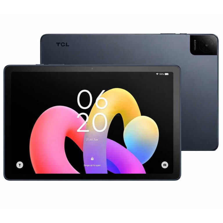 TCL tablet shown from the front and back, with a large colorful display and a rear camera module in the top-right corner.