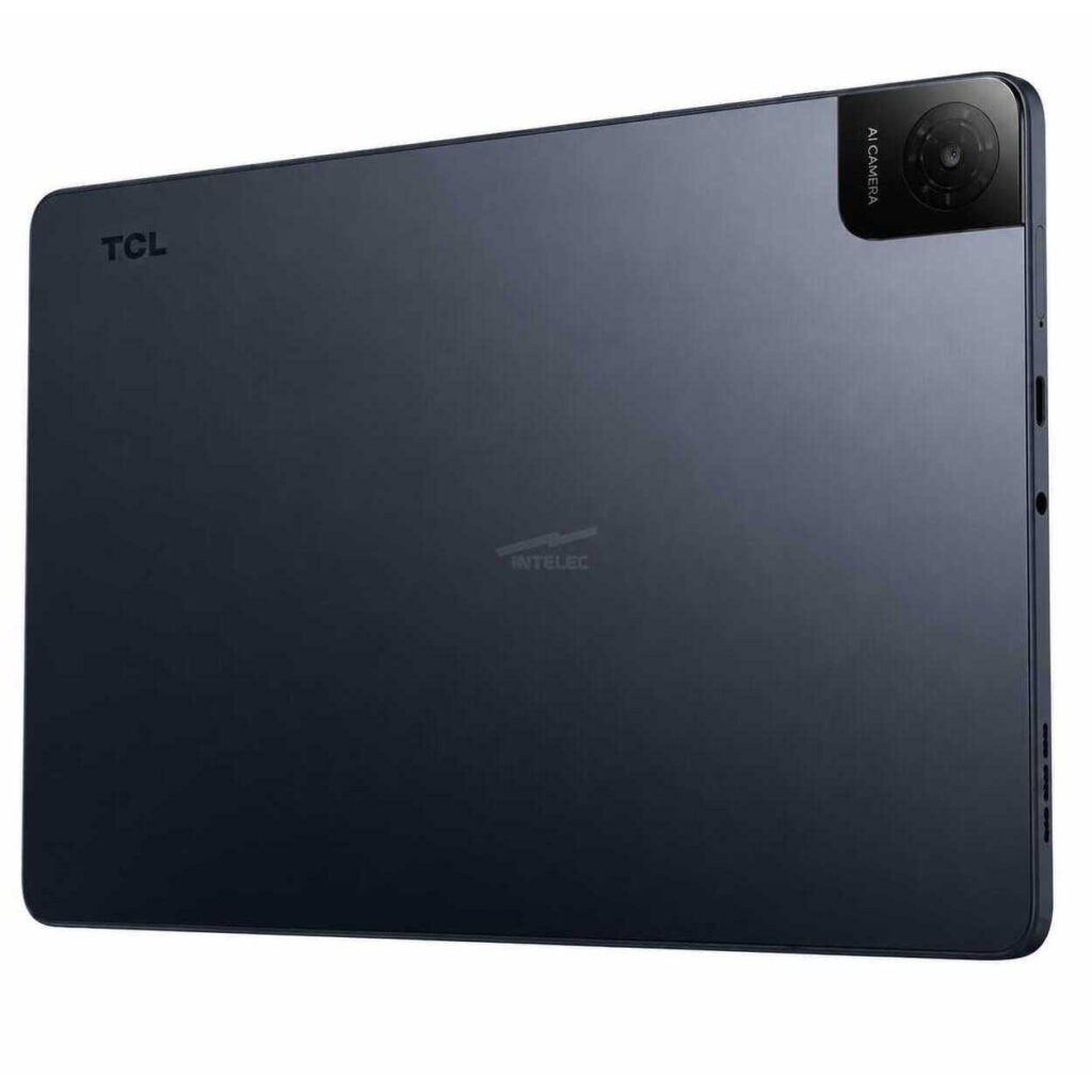 Back of a dark blue TCL tablet with a prominent top-right camera module labeled AI CAMERA.