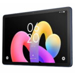 Tablet tilted to the right displaying a black screen with colorful abstract wallpaper of looping shapes.