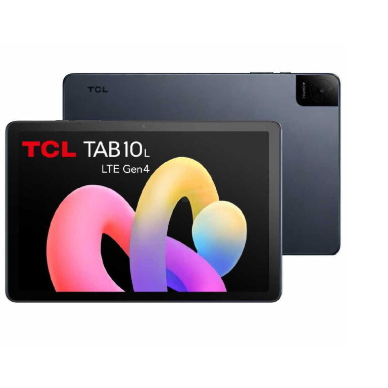Front and back views of the TCL TAB10L tablet, showing a large display and a rear camera module on a blue-gray body.