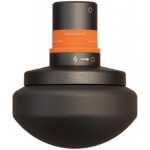 Close-up of a black spray bottle nozzle with an orange collar on a dark bottle surface.