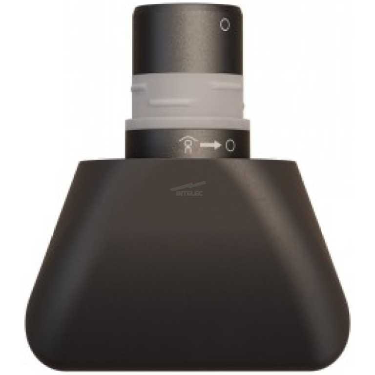 Close-up of a black nozzle attachment with a white collar and control markings, likely a part of a device’s spray/valve mechanism.