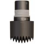 Drill bit with a serrated, conical cutting edge and a gray collar, designed to bore holes or ream metal/wood surfaces