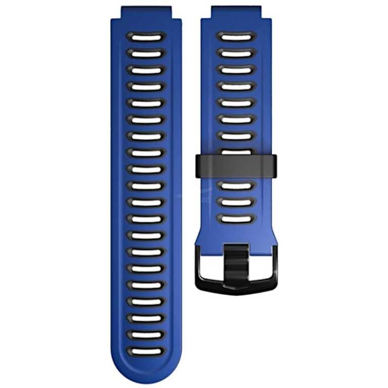 Two blue watch straps with multiple holes and a black buckle, separated into pieces.