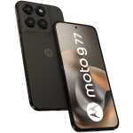 Black Motorola smartphone shown at an angle, featuring a triple‑camera rear setup and a front display with the Motorola logo.